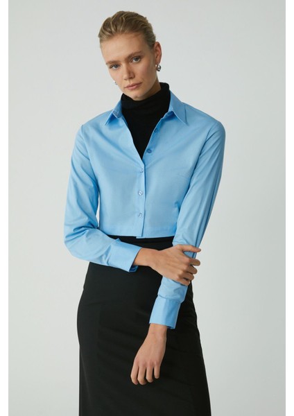 Modest Sıntıa Kadın Slim Fit Dar Kalıp Vücuda Oturan Likralı Poplin Crop Mavi Gömlek