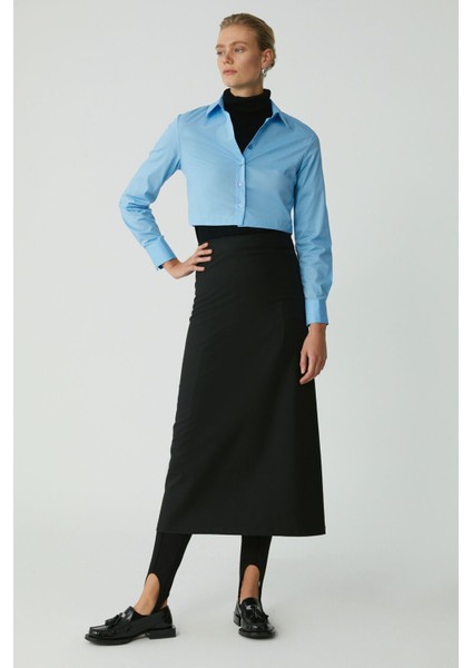 Modest Sıntıa Kadın Slim Fit Dar Kalıp Vücuda Oturan Likralı Poplin Crop Mavi Gömlek