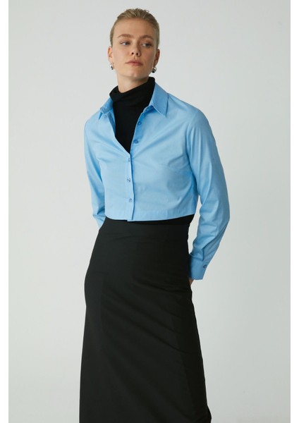 Modest Sıntıa Kadın Slim Fit Dar Kalıp Vücuda Oturan Likralı Poplin Crop Mavi Gömlek