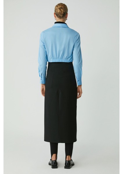 Modest Sıntıa Kadın Slim Fit Dar Kalıp Vücuda Oturan Likralı Poplin Crop Mavi Gömlek