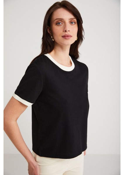 Modest Ashley Kadın %100 Organik Pamuk Regular Fit Normal Kalıp Bisiklet Yaka Siyah T-shirt