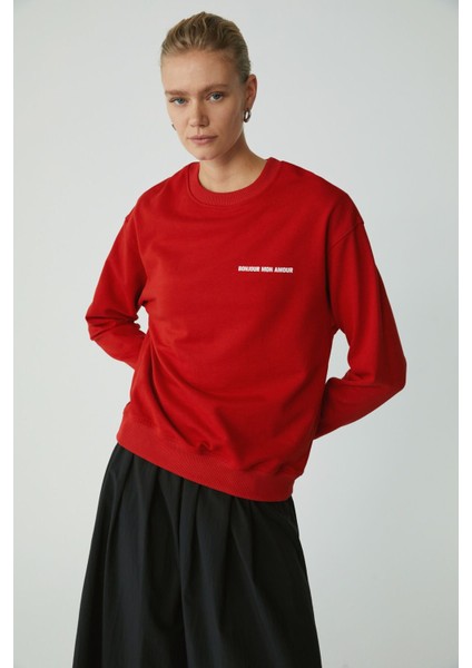 Modest Sandra Kadın Pamuklu Içi Polarlı Yumuşacık Baskılı Yuvarlak Yaka Comfort Kırmızı Sweatshirt