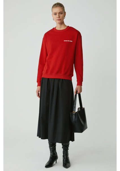 Modest Sandra Kadın Pamuklu Içi Polarlı Yumuşacık Baskılı Yuvarlak Yaka Comfort Kırmızı Sweatshirt