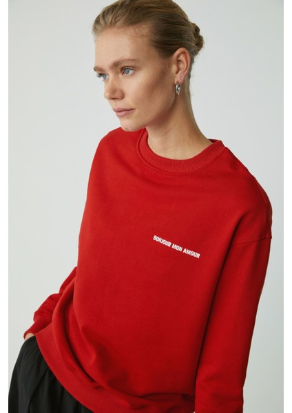 Modest Sandra Kadın Pamuklu Içi Polarlı Yumuşacık Baskılı Yuvarlak Yaka Comfort Kırmızı Sweatshirt
