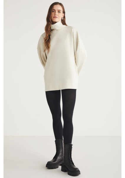 Modest Hermıone Kadın %100 Organik Pamuklu Boğazlı Yaka Flare Kol Açık Bej Sweatshirt