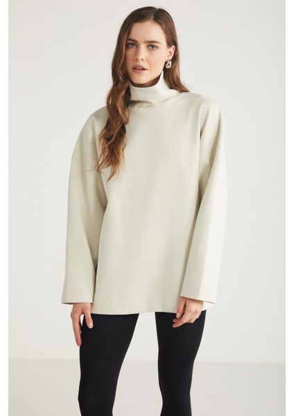 Modest Hermıone Kadın %100 Organik Pamuklu Boğazlı Yaka Flare Kol Açık Bej Sweatshirt