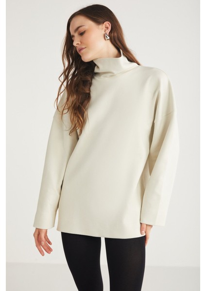 Modest Hermıone Kadın %100 Organik Pamuklu Boğazlı Yaka Flare Kol Açık Bej Sweatshirt