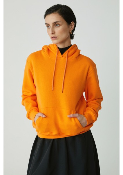 Ethiquet Diane Kadın İçi Polarlı Yumuşacık Comfort Fit Kapüşonlu Turuncu Sweatshirt