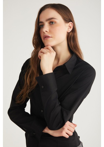 Modest Evangelıne Kadın Slim Fit Dar Kesim Likralı Cepsiz Uzun Kollu Poplin Siyah Gömlek modelleri