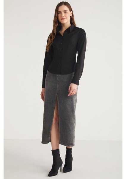 Modest Evangelıne Kadın Slim Fit Dar Kesim Likralı Cepsiz Uzun Kollu Poplin Siyah Gömlek fırsatları