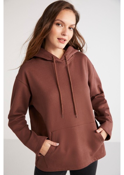 Ethiquet Piper Kadın İçi Polarlı Yumuşacık Confort Fit Kapüşonlu Kanguru Cep Kahverengi Sweatshirt