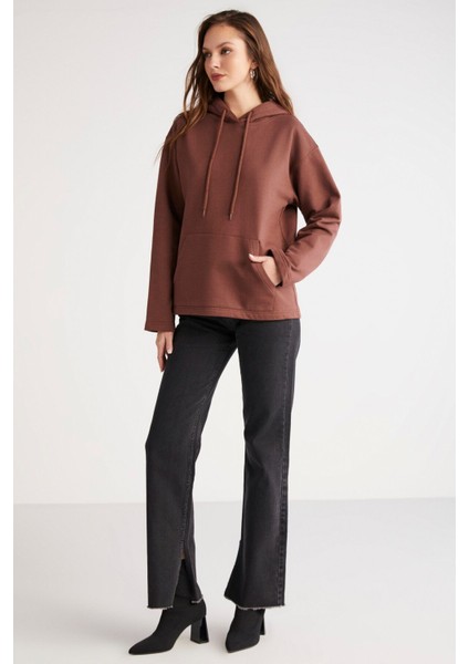 Ethiquet Piper Kadın İçi Polarlı Yumuşacık Confort Fit Kapüşonlu Kanguru Cep Kahverengi Sweatshirt