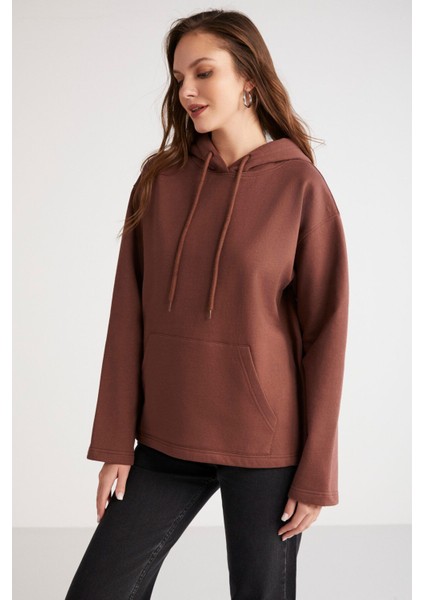 Ethiquet Piper Kadın İçi Polarlı Yumuşacık Confort Fit Kapüşonlu Kanguru Cep Kahverengi Sweatshirt