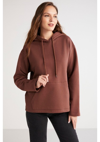 Ethiquet Piper Kadın İçi Polarlı Yumuşacık Confort Fit Kapüşonlu Kanguru Cep Kahverengi Sweatshirt
