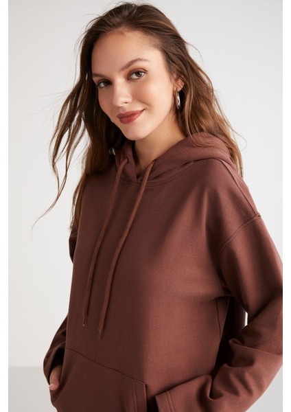Ethiquet Piper Kadın İçi Polarlı Yumuşacık Confort Fit Kapüşonlu Kanguru Cep Kahverengi Sweatshirt