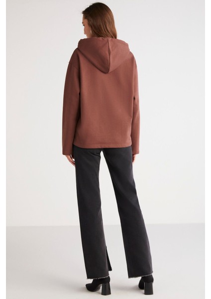 Ethiquet Piper Kadın İçi Polarlı Yumuşacık Confort Fit Kapüşonlu Kanguru Cep Kahverengi Sweatshirt