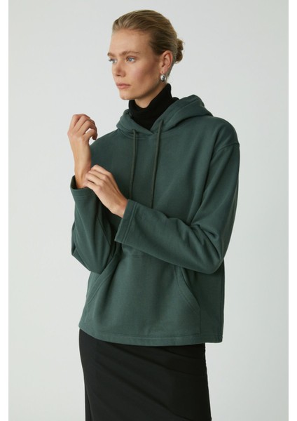 Ethiquet Piper Kadın İçi Polarlı Yumuşacık Confort Fit Kapüşonlu Kanguru Cep Yeşil Sweatshirt modelleri