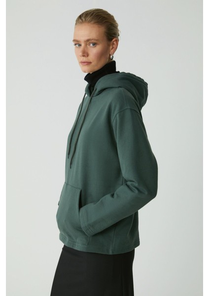 Ethiquet Piper Kadın İçi Polarlı Yumuşacık Confort Fit Kapüşonlu Kanguru Cep Yeşil Sweatshirt indirimleri