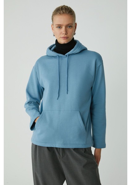 Modest Pıper Kadın Içi Polarlı Yumuşacık Comfort Fit Kapüşonlu Kanguru Cepli Mavi Sweatshirt