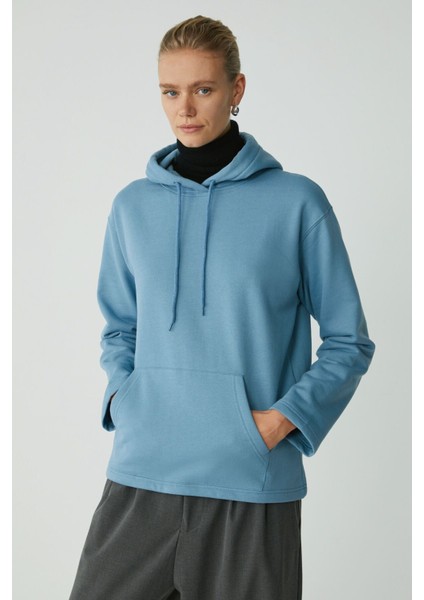 Modest Pıper Kadın Içi Polarlı Yumuşacık Comfort Fit Kapüşonlu Kanguru Cepli Mavi Sweatshirt modelleri