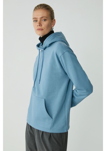 Modest Pıper Kadın Içi Polarlı Yumuşacık Comfort Fit Kapüşonlu Kanguru Cepli Mavi Sweatshirt indirimleri