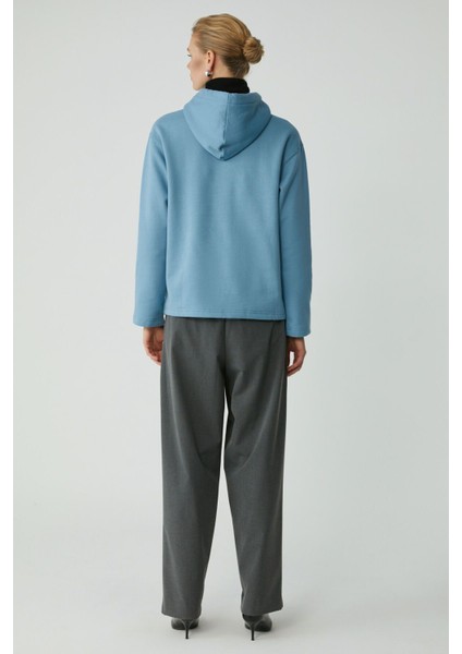 Modest Pıper Kadın Içi Polarlı Yumuşacık Comfort Fit Kapüşonlu Kanguru Cepli Mavi Sweatshirt