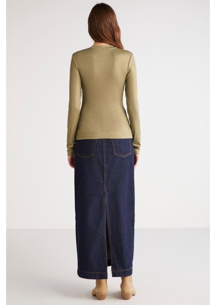 Modest Faye Kadın Kaplamalı Fitilli Görünümlü Polyester Dar Kesim Basic Haki Bluz