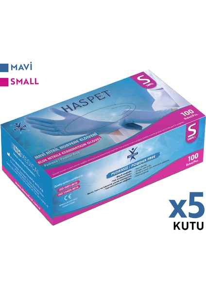 Nitril Muayene Eldiveni 100'LÜ S Küçük Boy Mavi 5 Kutu