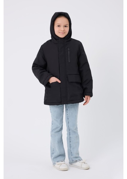 Kız Çocuk Siyah Kürklü Su ve Rüzgar Geçirmez Kapüşonlu 3 Kışlık Mont & Kaban & Parka FMPÇ-110-K
