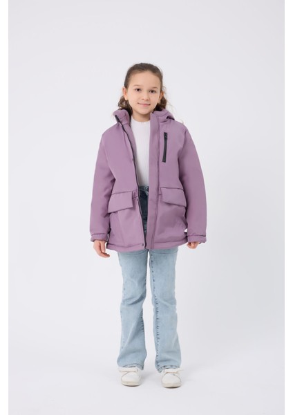Kız Çocuk Lila Kürklü Su ve Rüzgar Geçirmez Kapüşonlu 3 Kışlık Mont & Kaban & Parka FMPÇ-110-K