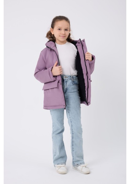 Kız Çocuk Lila Kürklü Su ve Rüzgar Geçirmez Kapüşonlu 3 Kışlık Mont & Kaban & Parka FMPÇ-110-K