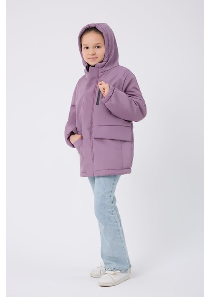 Kız Çocuk Lila Kürklü Su ve Rüzgar Geçirmez Kapüşonlu 3 Kışlık Mont & Kaban & Parka FMPÇ-110-K
