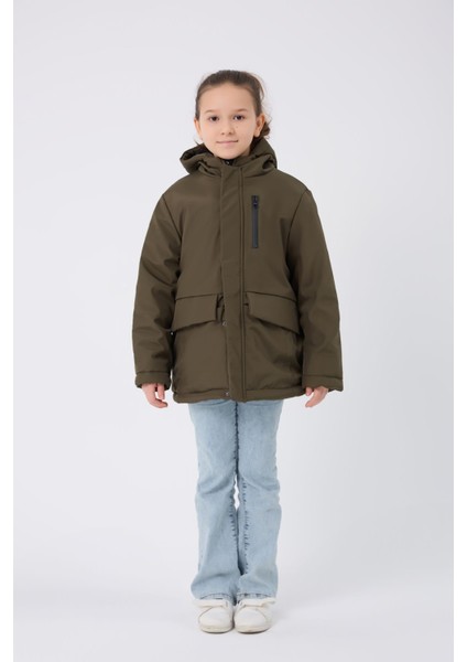 Kız Çocuk Haki Kürklü Su ve Rüzgar Geçirmez Kapüşonlu 3 Kışlık Mont & Kaban & Parka FMPÇ-110-K