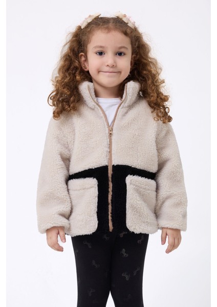 Kız Çocuk Peluş Ekru Siyah Fermuarlı Welsoft Kışlık Mont Fmç-K-Peluş