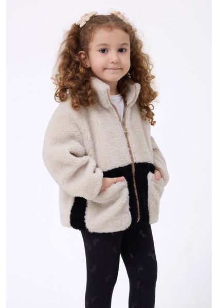 Kız Çocuk Peluş Ekru Siyah Fermuarlı Welsoft Kışlık Mont Fmç-K-Peluş fiyatları