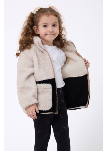 Kız Çocuk Peluş Ekru Siyah Fermuarlı Welsoft Kışlık Mont Fmç-K-Peluş modelleri