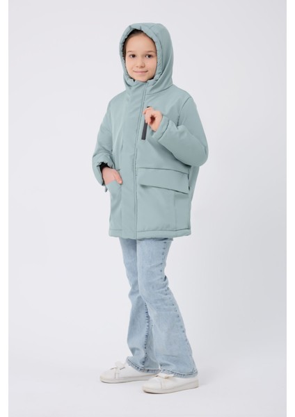 Kız Çocuk Mint Yeşil Kürklü Su ve Rüzgar Geçirmez Kapüşonlu 3 Kışlık Mont & Kaban & Parka FMPÇ-110-K