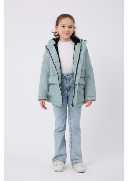 Kız Çocuk Mint Yeşil Kürklü Su ve Rüzgar Geçirmez Kapüşonlu 3 Kışlık Mont & Kaban & Parka FMPÇ-110-K