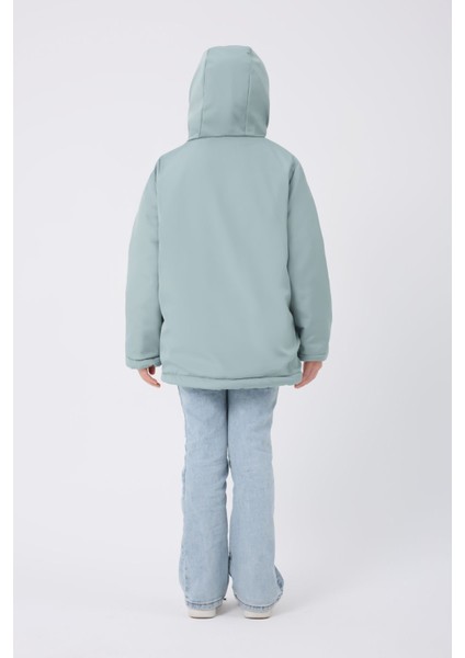 Kız Çocuk Mint Yeşil Kürklü Su ve Rüzgar Geçirmez Kapüşonlu 3 Kışlık Mont & Kaban & Parka FMPÇ-110-K