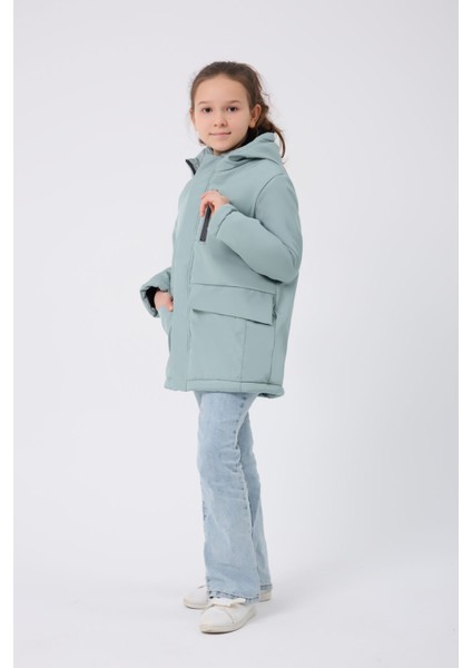 Kız Çocuk Mint Yeşil Kürklü Su ve Rüzgar Geçirmez Kapüşonlu 3 Kışlık Mont & Kaban & Parka FMPÇ-110-K