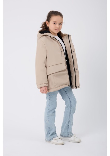 Kız Çocuk Taş Kürklü Su ve Rüzgar Geçirmez Kapüşonlu 3 Kışlık Mont & Kaban & Parka FMPÇ-110-K