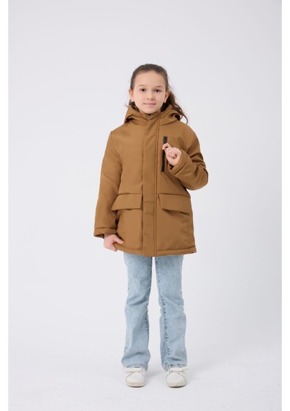 Kız Çocuk Taba Kürklü Su ve Rüzgar Geçirmez Kapüşonlu 3 Kışlık Mont & Kaban & Parka FMPÇ-110-K