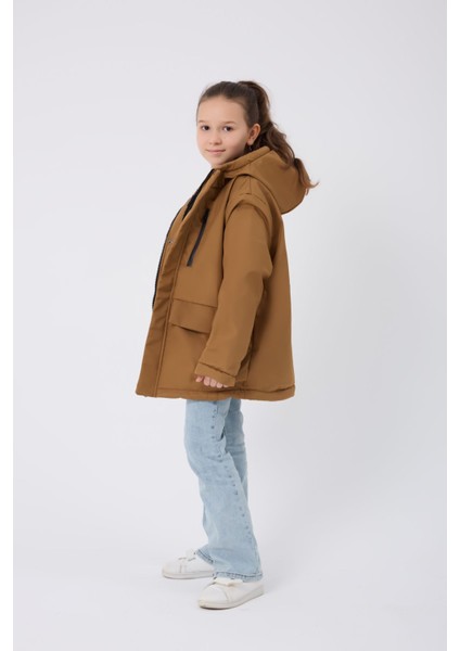 Kız Çocuk Taba Kürklü Su ve Rüzgar Geçirmez Kapüşonlu 3 Kışlık Mont & Kaban & Parka FMPÇ-110-K