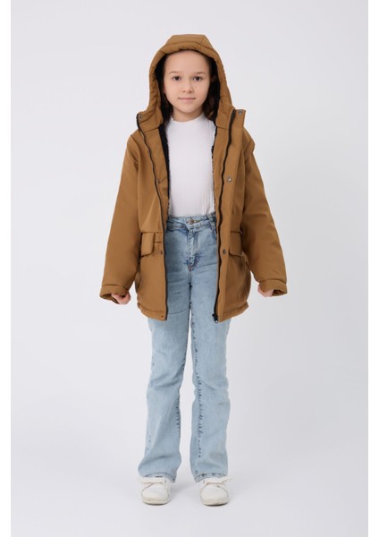 Kız Çocuk Taba Kürklü Su ve Rüzgar Geçirmez Kapüşonlu 3 Kışlık Mont & Kaban & Parka FMPÇ-110-K