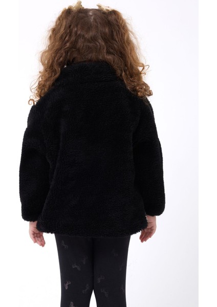 Kız Çocuk Peluş Siyah Ekru Fermuarlı Welsoft Kışlık Mont Fmç-K-Peluş