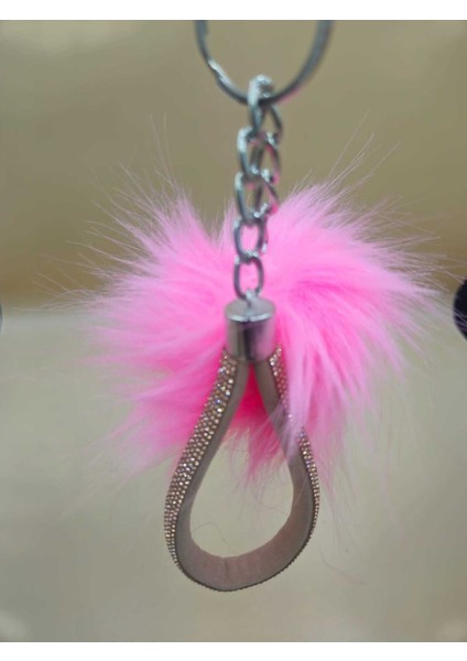 Camel Taşlı Tilki Tüyü Şeker Pembe Angel Anahtarlık