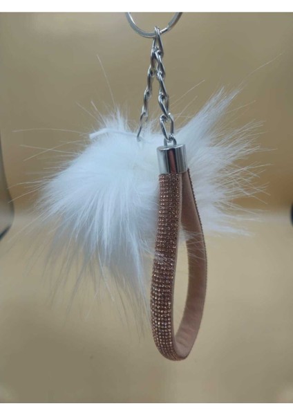 Camel Taşlı Tilki Tüyü Beyaz Angel Anahtarlık