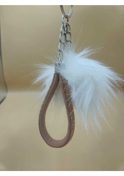 Camel Taşlı Tilki Tüyü Beyaz Angel Anahtarlık modelleri