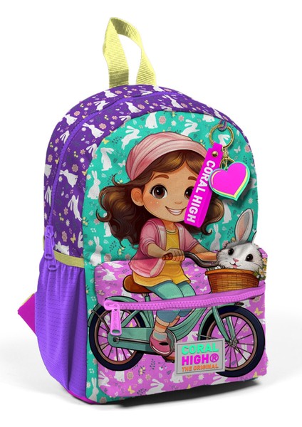 Minik Yuva Sırt Çantası Mor Pembe Bisikletli Kız Desenli Iki Bölmeli 23569