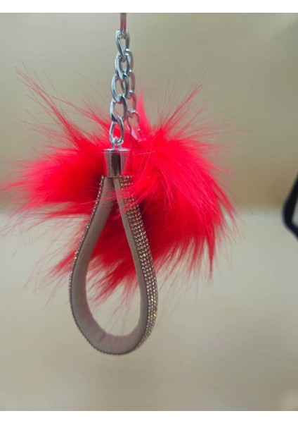 Camel Taşlı Tilki Tüyü Kırmızı Angel Anahtarlık